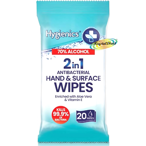 Hygienics 2in1 Antibacterial Hand & Surface Wipes 70% Alcohol - 20 Wipes